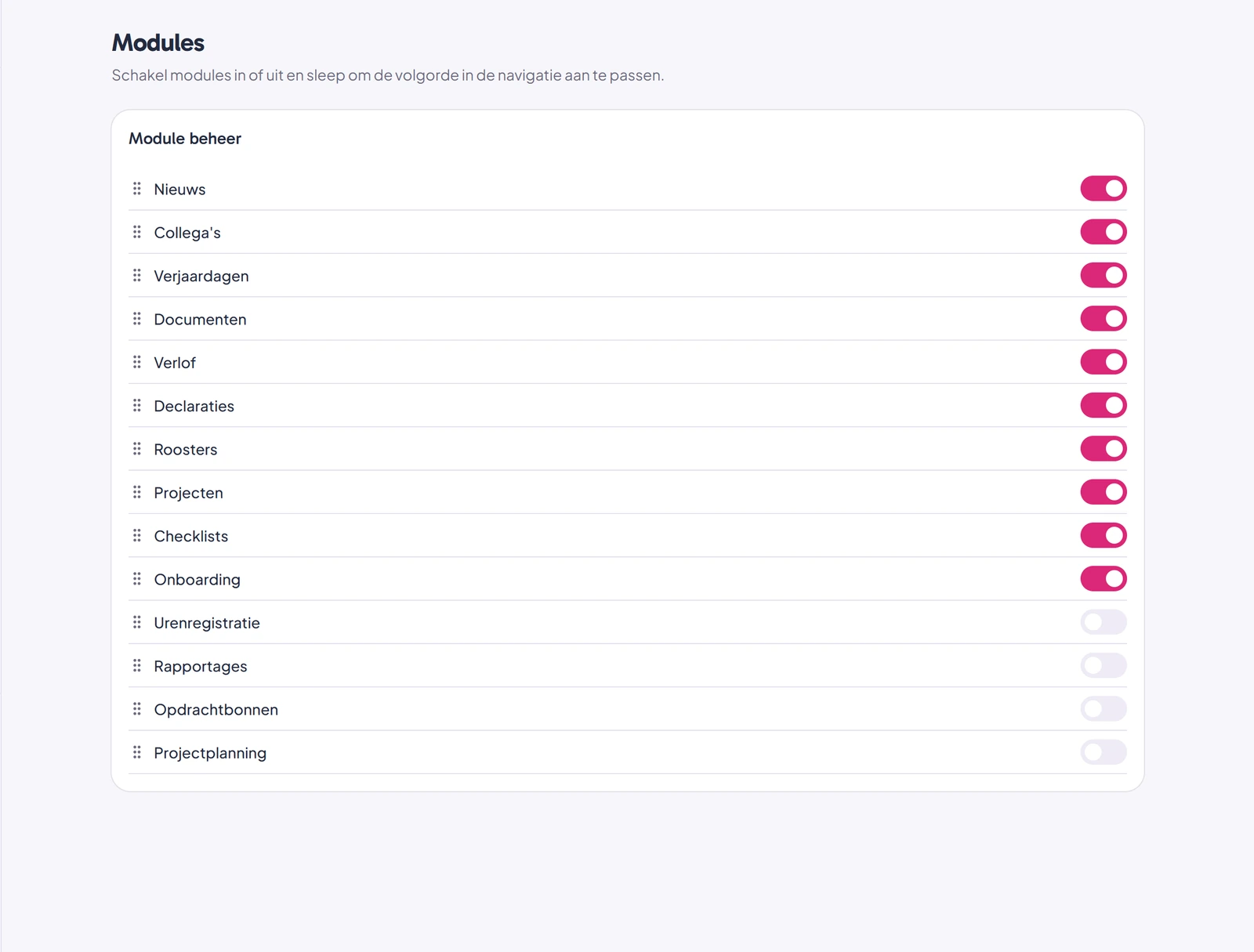 Modulebeheer met schakelaars: tien modules staan aan, vier staan uit.