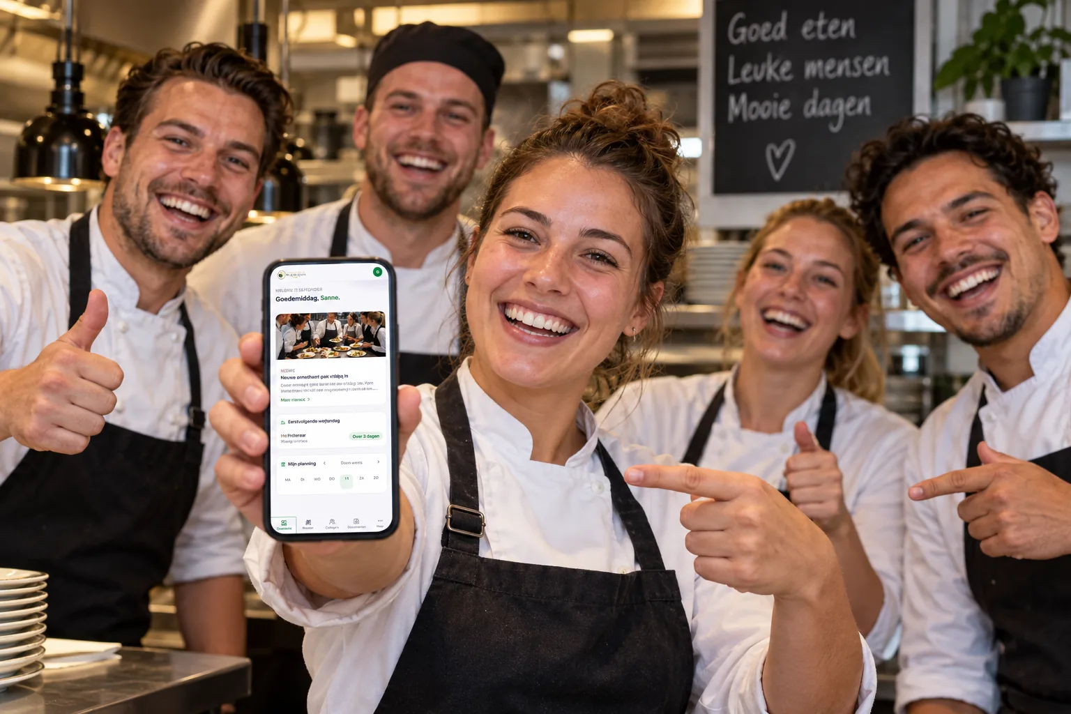 Keukenteam van een restaurant toont trots het rooster in de MijnPloeg-app.